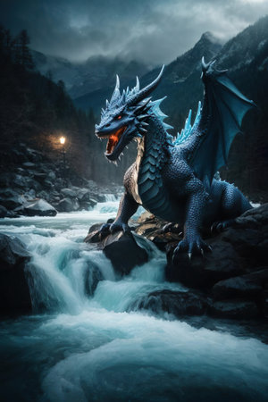 Dragon on the rocks in the mountain river at night. Fantasy scene.の素材
