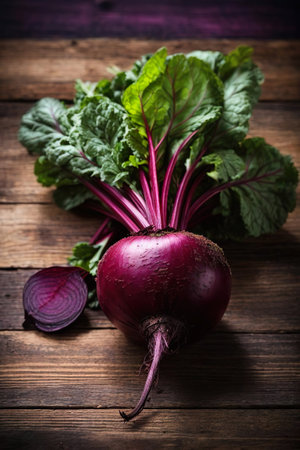 Fresh beetroot with leaves on wooden background. Selective focus.の素材
