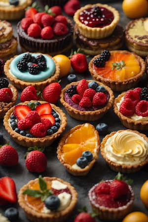 Assortment of mini tartlets with berries and cream, selective focusの素材
