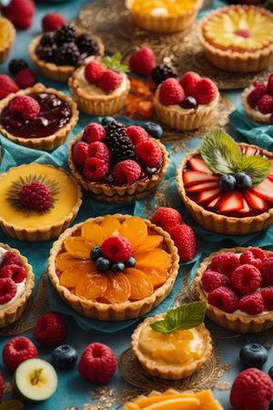 Variety of tartlets with fruits and berries on blue tableclothの素材