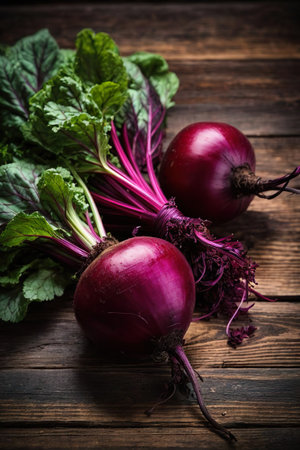 Fresh beetroot with leaves on a wooden background. Selective focus.の素材