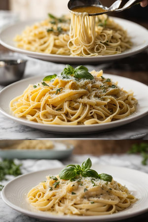 Spaghetti Carbonara with parmesan cheese, basil and olive oilの素材