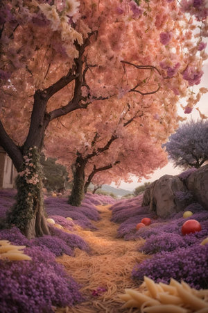 surreal picture of trees where pasta, spaghetti and various types of pasta growの素材