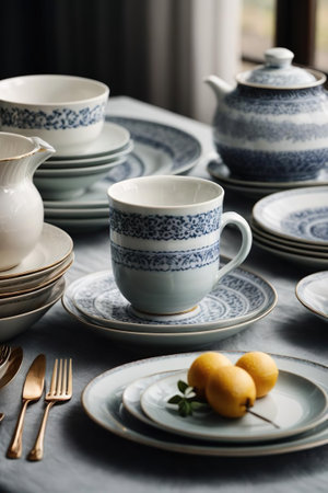 Ceramic tableware and cutlery in a rustic styleの素材