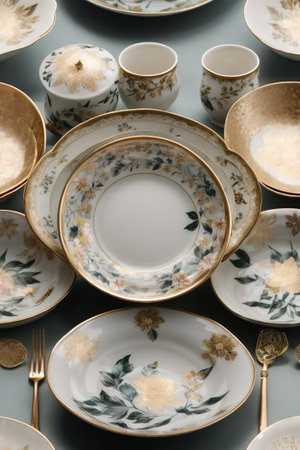 Set of porcelain plates and saucers, top viewの素材
