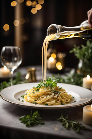 Pouring olive oil on pasta in a restaurant, close-upの素材