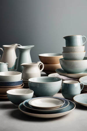 Set of ceramic tableware on gray background. Selective focus.の素材