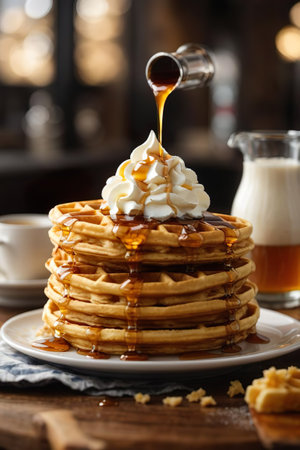 Stack of homemade pancakes with maple syrup and whipped cream, closeupの素材