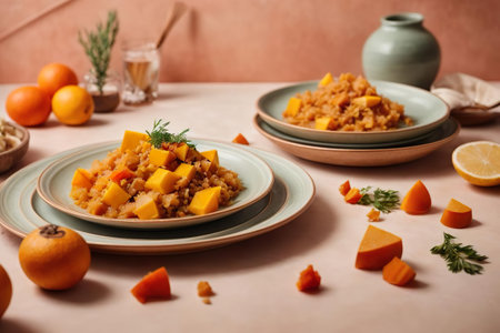 Pumpkin risotto with tangerines on a light backgroundの素材