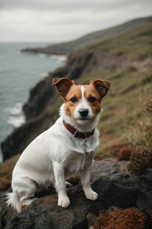 Jack russell terrier sitting on a rock by the oceanの素材