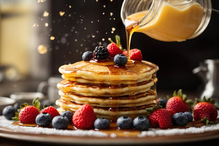 Pancakes with fresh berries and maple syrup, close-upの素材