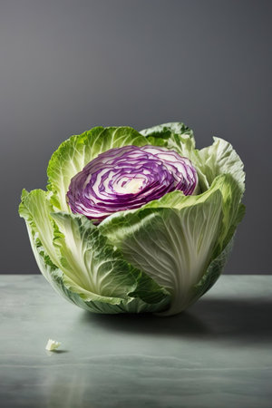 Purple cabbage on a gray background. Vegetarianism, healthy eating.の素材