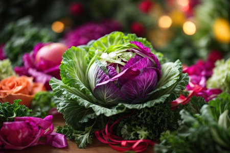 closeup of a decorative cabbage in a bouquet on a wooden tableの素材