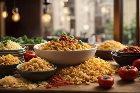 Pasta with tomato sauce and basil in a bowl on wooden tableの素材
