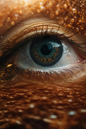 Macro shot of a beautiful woman's eye with golden glitter.の素材
