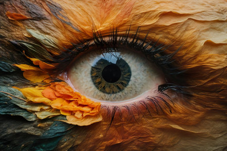 Macro shot of beautiful woman's eye with flower petals.の素材