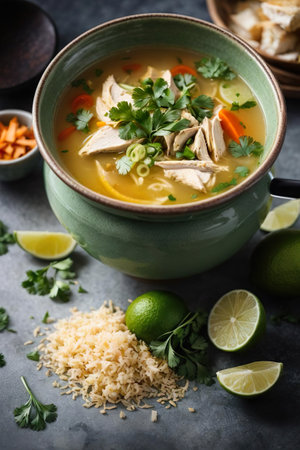 Chicken soup with noodles and vegetables in a bowl on a stone backgroundの素材