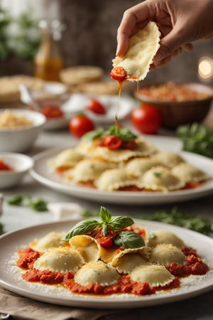 Ravioli with tomato sauce and basil on plate, closeupの素材