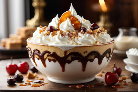 Creamy whipped cream with caramel and cherries in a bowlの素材