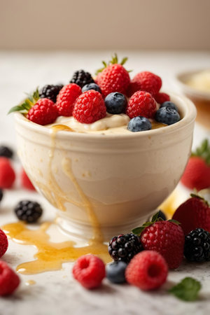 muesli with fresh berries in a bowl, close-upの素材