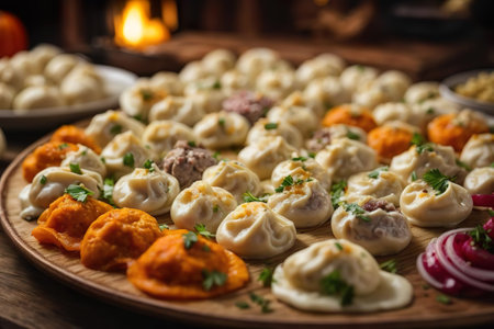 Georgian dumplings khinkali with meat and vegetables on a wooden plateの素材