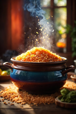 Bowl with tasty rice pilaf on wooden table, closeupの素材
