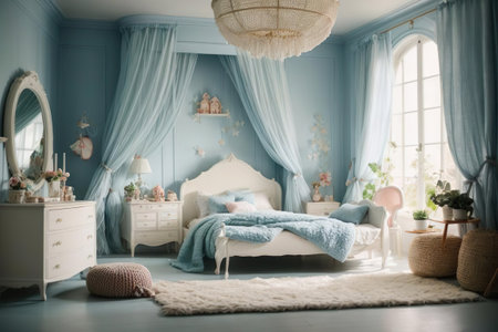 Beautiful child's bedroom with blue walls and a large window.の素材