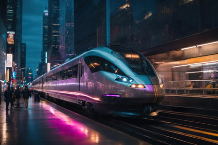 Modern high-speed train in the city at night. Long exposureの素材