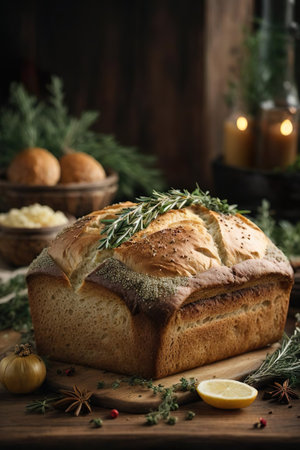 loaf of bread with rosemary and spices on a wooden backgroundの素材