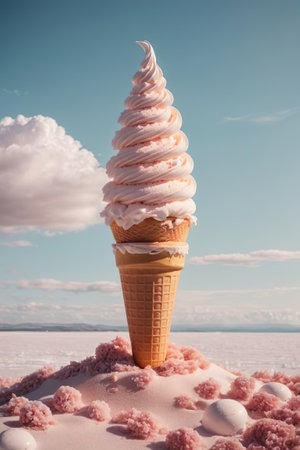 Ice cream cone with pink and white marshmallow on the background of the winter landscapeの素材