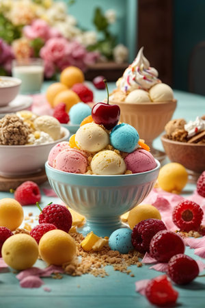 Colorful ice cream scoops in bowl on turquoise tableの素材