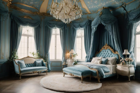 Luxury interior of the living room in classic style with blue walls and wooden floor.の素材