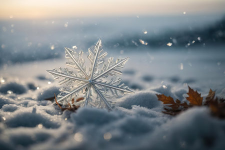 Snowflake on the snow in the winter. Christmas and New Year backgroundの素材