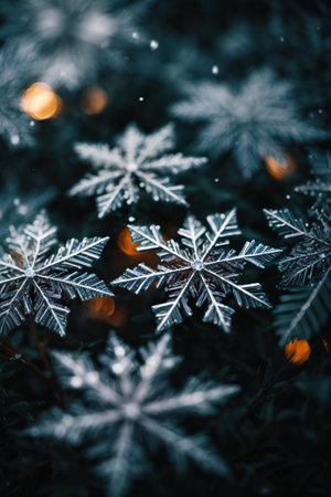 Snowflakes on the branches of a Christmas tree. Winter background.の素材