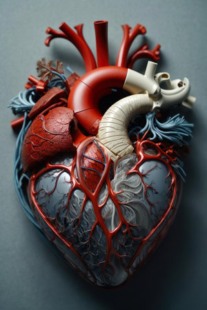 Human heart with circulatory system on gray background, closeup viewの素材