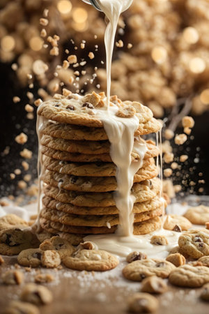 Pouring milk over oatmeal cookies on wooden table, closeupの素材