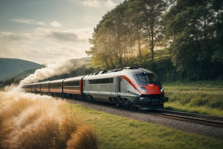 A high speed train passing through the countryside in the morning light.の素材