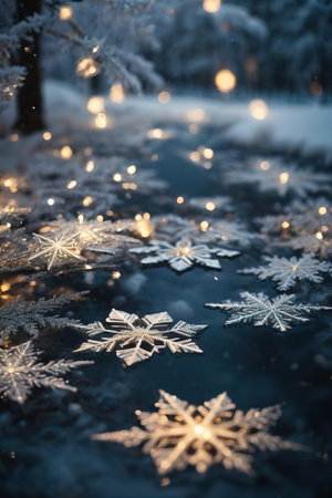 Beautiful winter background with snowflakes and bokeh lightsの素材