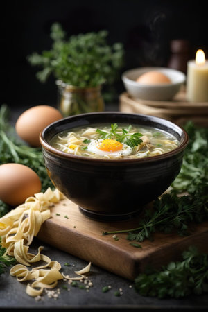Bowl of tasty homemade noodles with egg and parsley on tableの素材