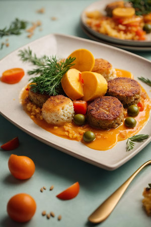 Plate with tasty meat cutlets and couscous on color backgroundの素材