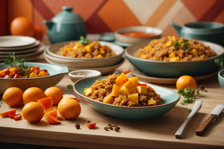 Buckwheat porridge with mango and apricots, selective focusの素材