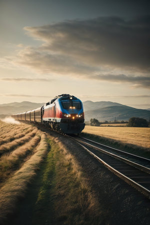 Train passing through the countryside at sunset. Long exposure shot with long exposure.の素材