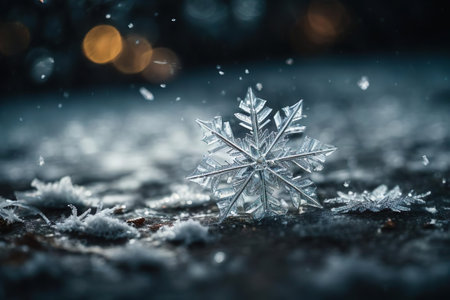 Snowflake on a background of snow and bokeh. Christmas backgroundの素材