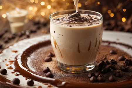 Coffee with chocolate in a glass on a wooden background.の素材