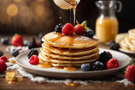 Pancakes with fresh berries, honey and maple syrup on wooden backgroundの素材