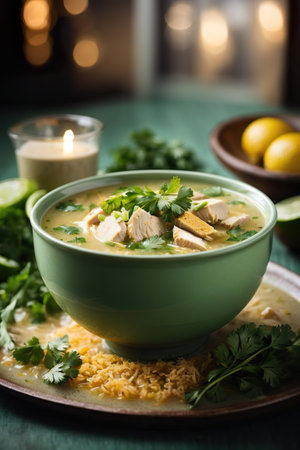 Chicken soup with rice and parsley in a bowl on a green backgroundの素材