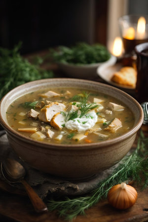 Chicken soup with dill and sour cream in a rustic bowlの素材