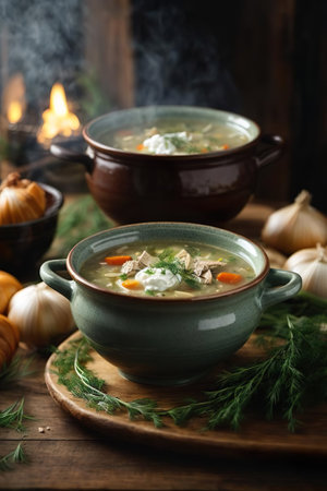 Chicken soup with vegetables and sour cream in a bowl on a wooden backgroundの素材
