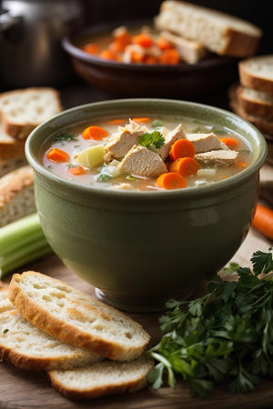 Chicken soup with celery, carrots and parsley in a bowlの素材