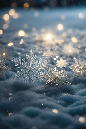 Snowflakes on snow with bokeh background. Christmas background.の素材